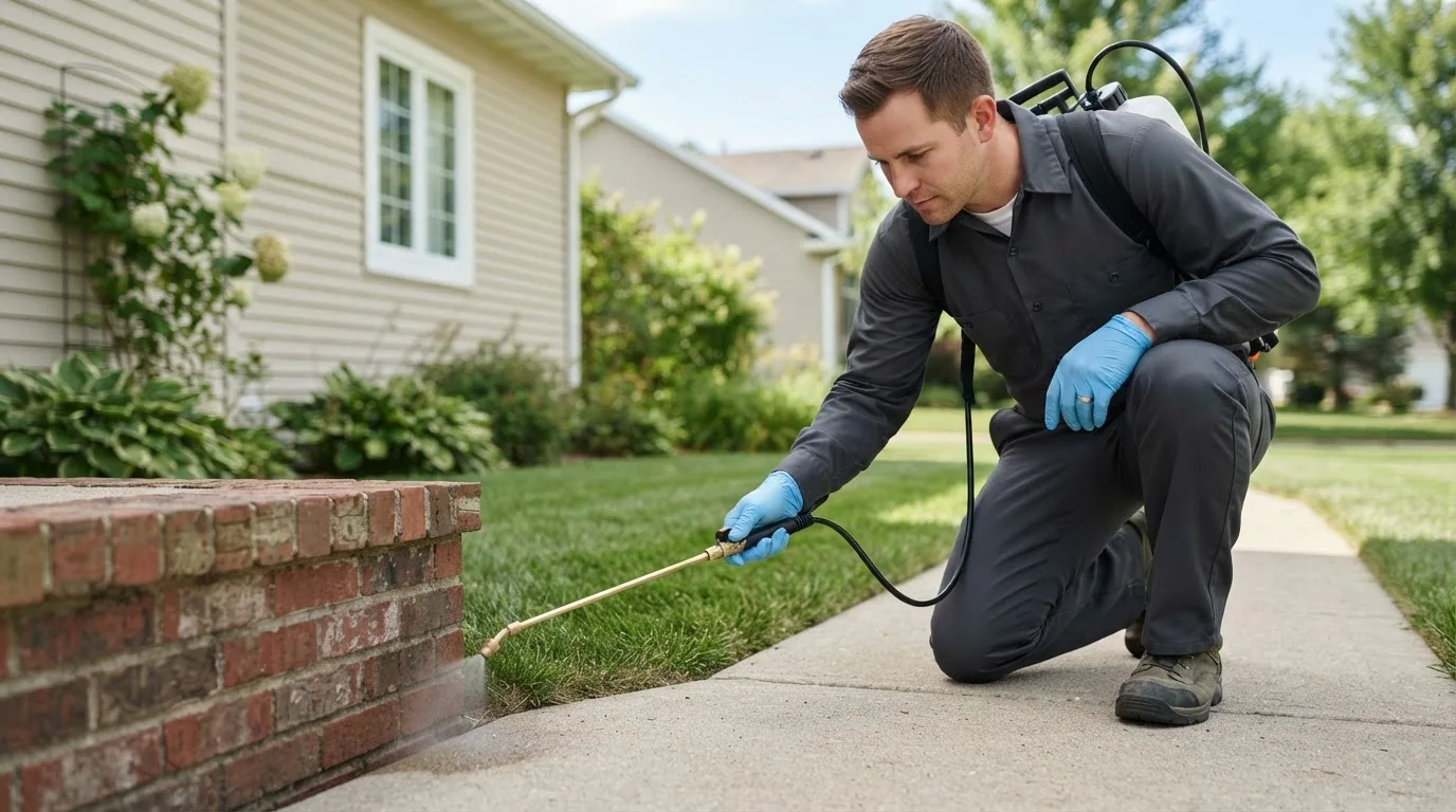 Pest control technician treating a home near Sterling, MI