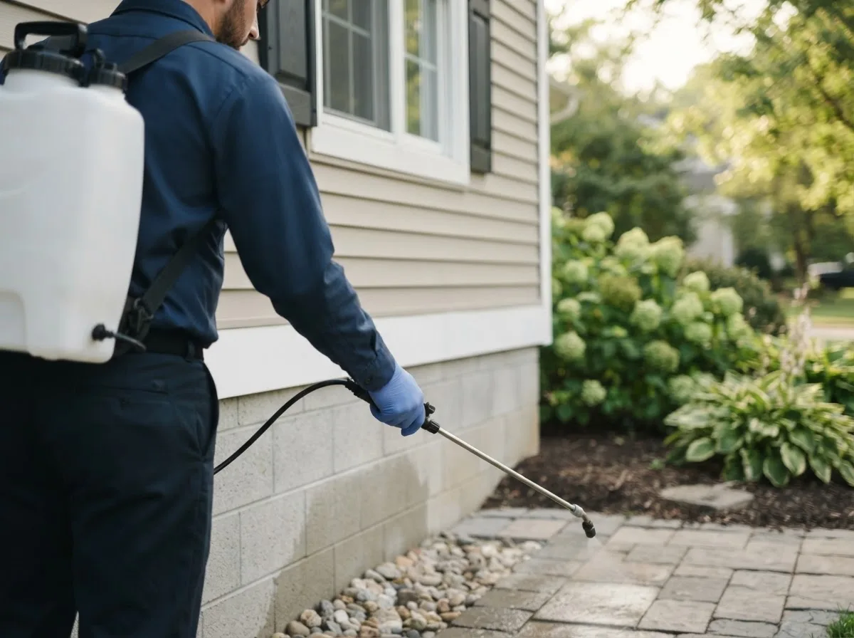 Pest control technician inspecting a home in Sterling, MI